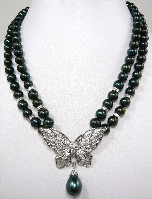 

noble 2 rows 8MM black Sea Shell Pearl + butterfly pendant Necklace ##a #a