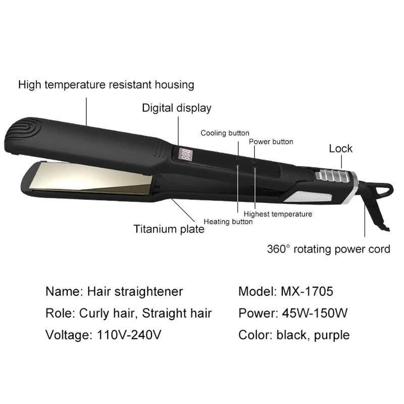 Многофункциональные щипцы для завивки и выпрямления волос, Керамический выпрямитель для сухих и влажных волос двойного назначения с антиобжигающим цифровым дисплеем