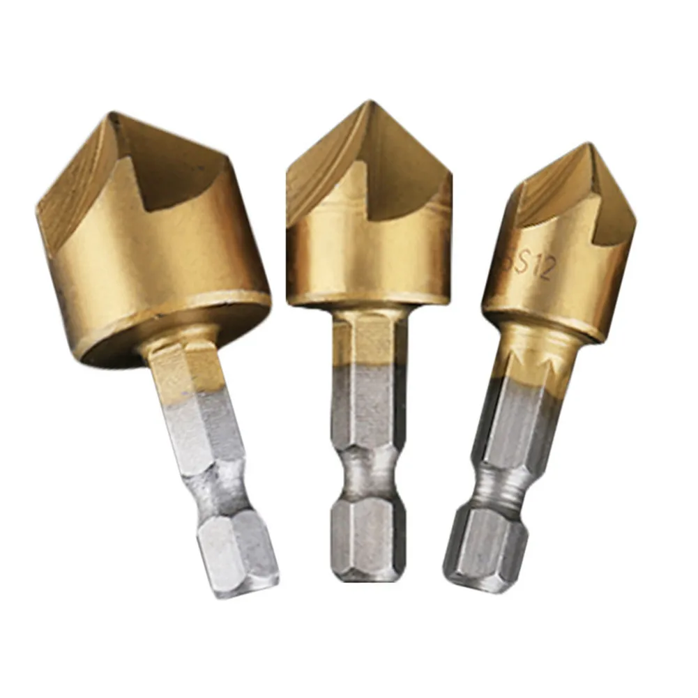 3Pcs 5 Flute Chamfer Countersink 1/4" Hex Shank HSS Wood Chamfering