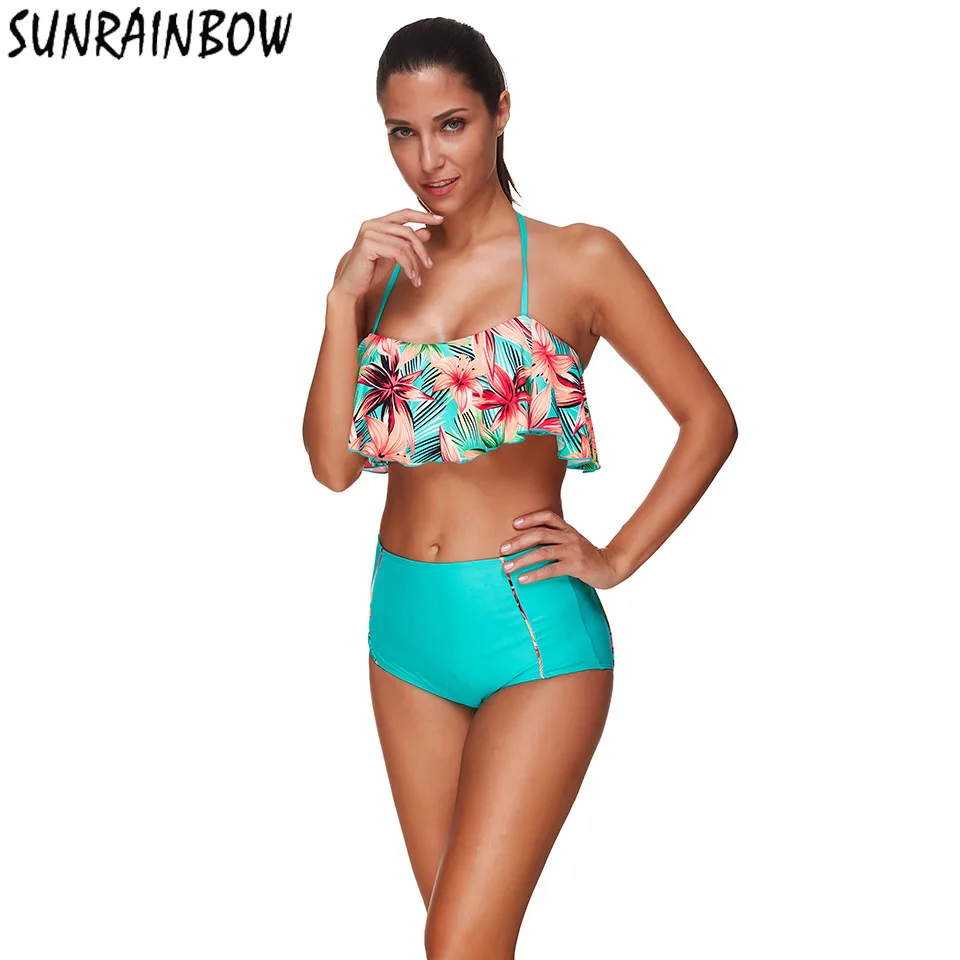 

SUNRAINBOW 2019 New Two Pieces Swimming Bathing Suits High Waist Swimwear Women Swimsuit Plus Size Print Patchwork Bikini