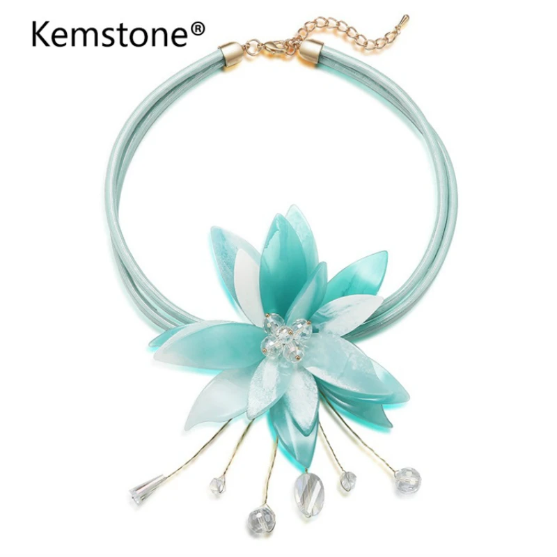 

Kemstone Acrylic Flower Choker Necklace with Crystal Collar Necklace Faux Leather Fashion Jewelry Christmas Gift