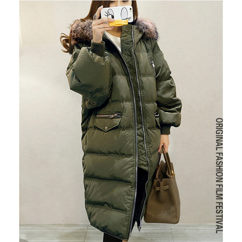 2018 Winter Jacket Women Down Parkas Army Green Slim Fur Collar White