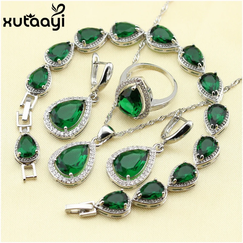 925 серебряные капли воды свадебный набор украшений для женщин зеленые камни белый кристаллический браслет серьги ожерелье кулон кольца
