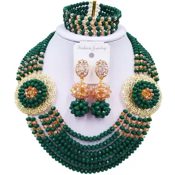 

High Quality Opaque Dark Green Champagne Gold AB Women Anniversary Necklace Earrings Sets 6C-SPHJZ-12