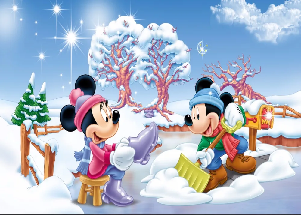 7x5FT Christmas Minnie Mickey Mouse Snow Field Garden Fence Custom