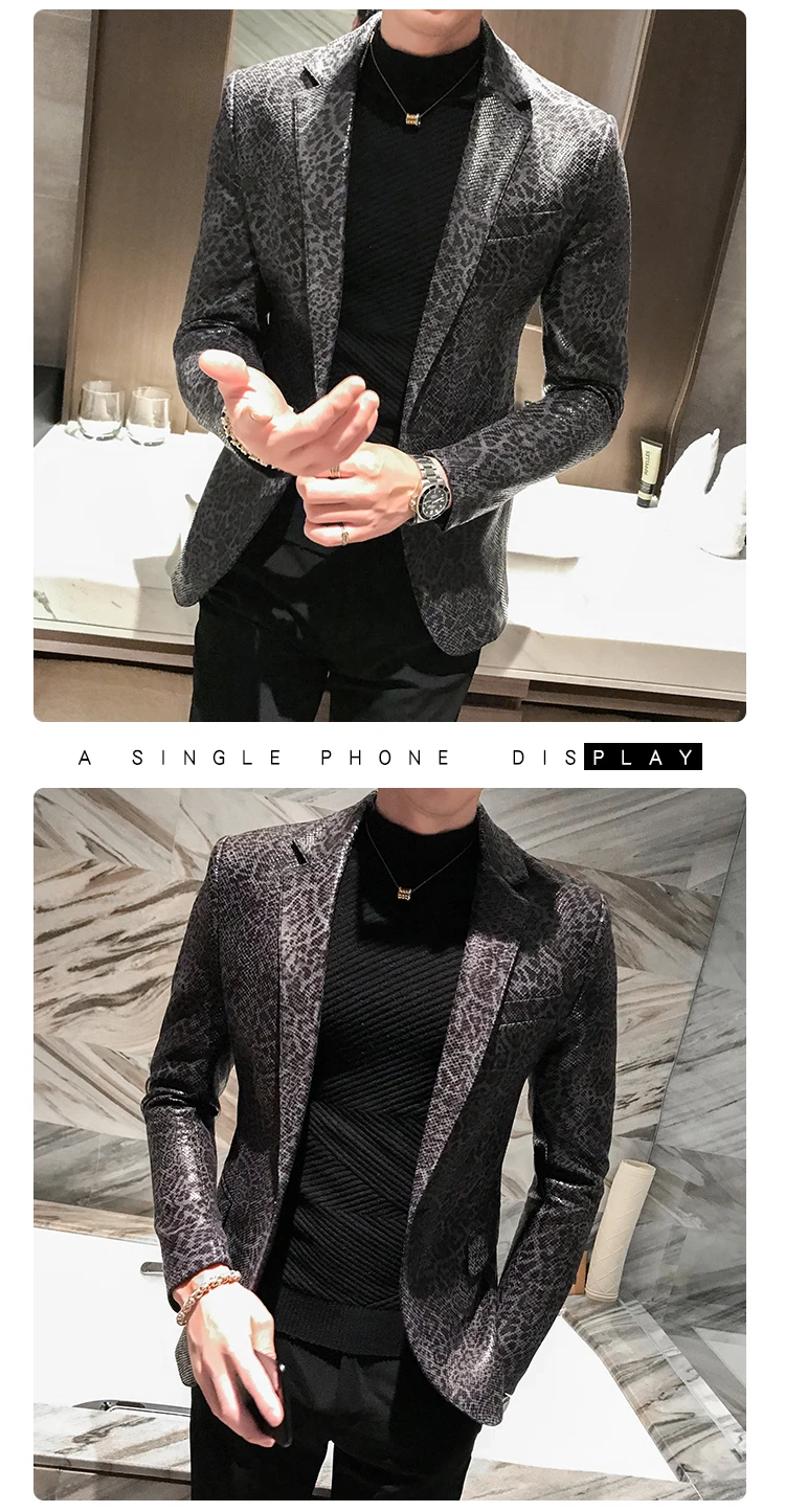 Autumn Leopard Print Mens Blazer Skin Suit Jacket Leather Stage Costumes For Singers Loose Coat Blaser Homens Terno Masculino