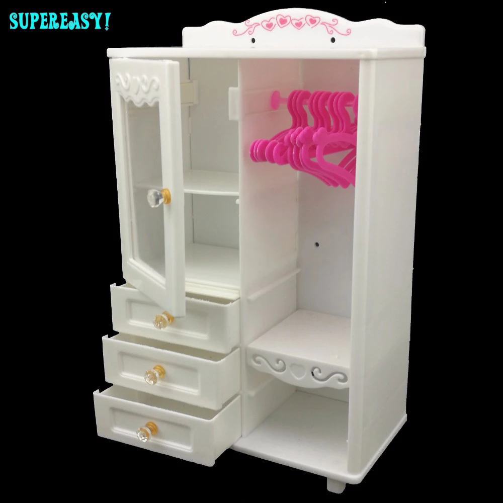 12Pcs = 1x Plastic Clothespress Furniture Living Room Wardrobe + 10x Pink Hangers For Barbie Dollhouse Accessories Toys Kid Gift
