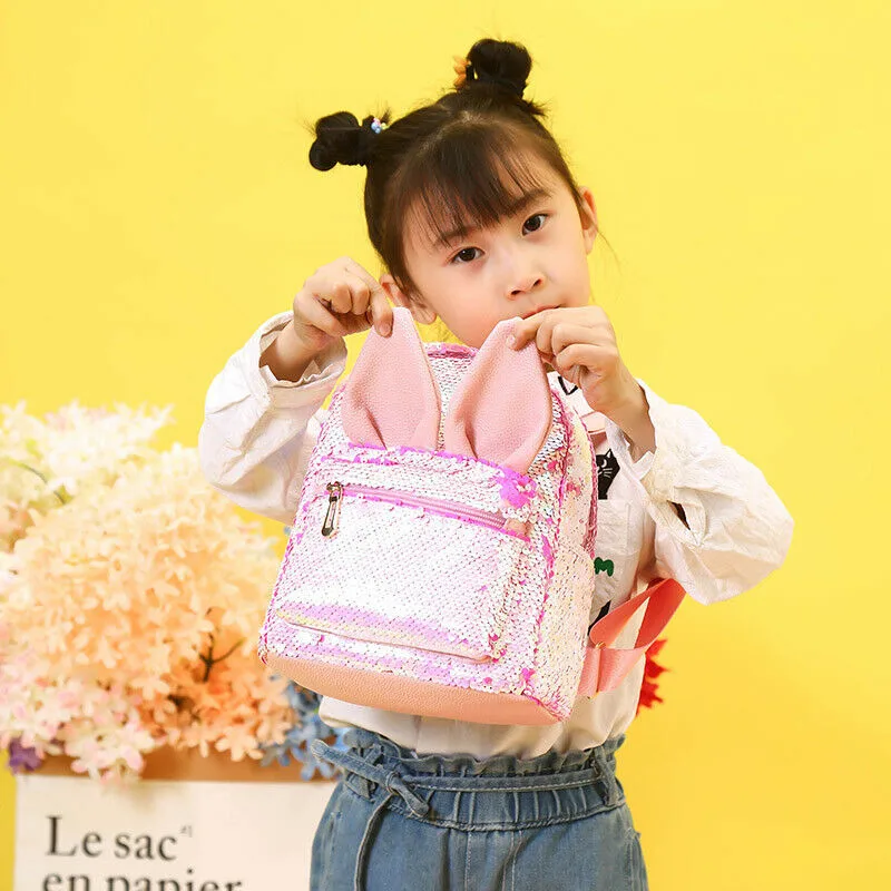PUDCOCO Модный маленький рюкзак с рисунком кролика и блестками для детского сада, школьная мини-сумка для девочек, повседневный рюкзак для путешествий, сумки на плечо