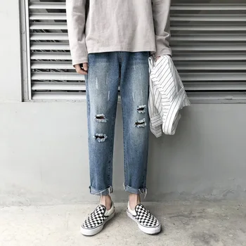 

Spring and Summer New Fashion Korean version of the Loose Straight Jeans Broken Hole Raw Quilt Pants Student Versatile Jeans