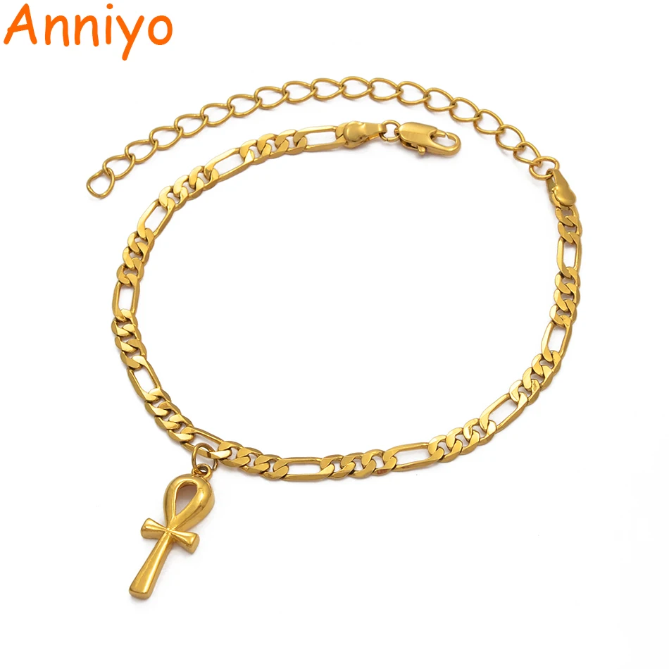 

Anniyo Egyptian Ankh Cross Anklet for Woman Gold Color African Charms Foot Jewelry Girls Egypt Hieroglyphs,Crux Ansata #215006