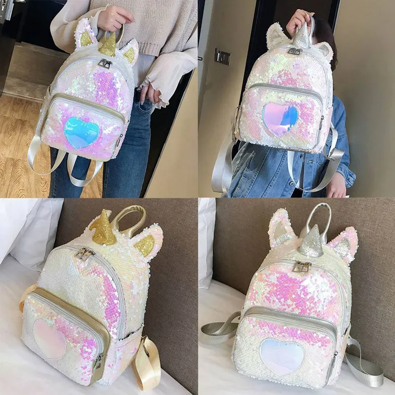 

New Sequins Unicorn Backpack Women PU Leather Mini Travel Soft Bag Fashion SchoolBag Teenager Student Girls Book Bag