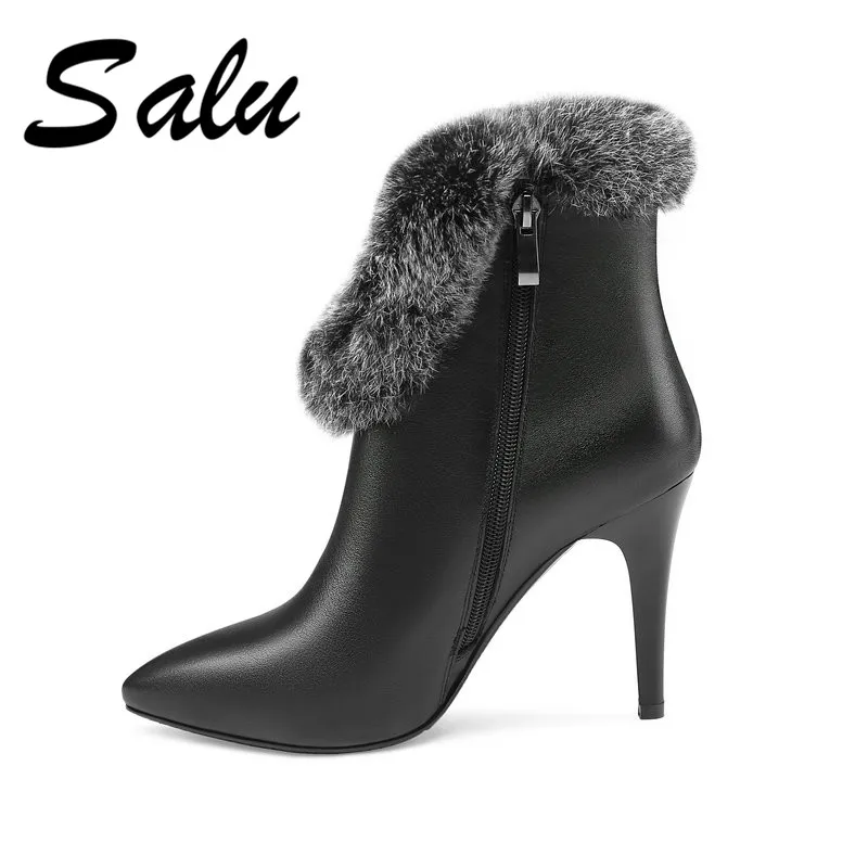

Salu New Brand Women Ankle Boots High Heels Short Motorcycle Boots Genuine leather Warm Autumn Winter Shoes Woman Basic Boots