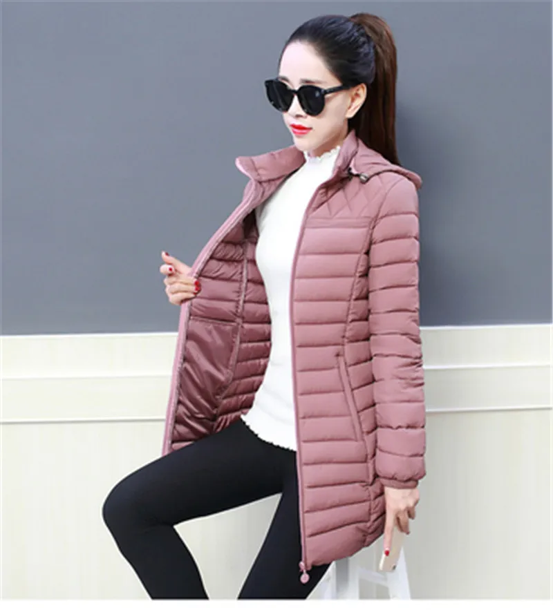 Женское зимнее теплое пальто с капюшоном, тонкий плюс размер 5XL, яркие цвета, хлопковая стеганая Базовая Женская куртка средней длины jaqueta feminina - Цвет: Розовый