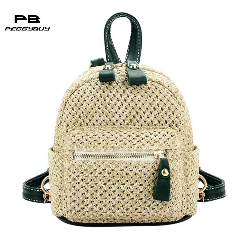 Women Straw Backpack Mini Multipurpos Shoulder Bag Fashion Weave Hollow