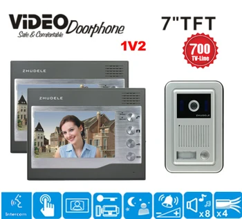 

ZHUDELE 7'' Wired Color Video door phone Intercom video door bell kit IR system outdoor with CCD camera 2 screen+1 Camera