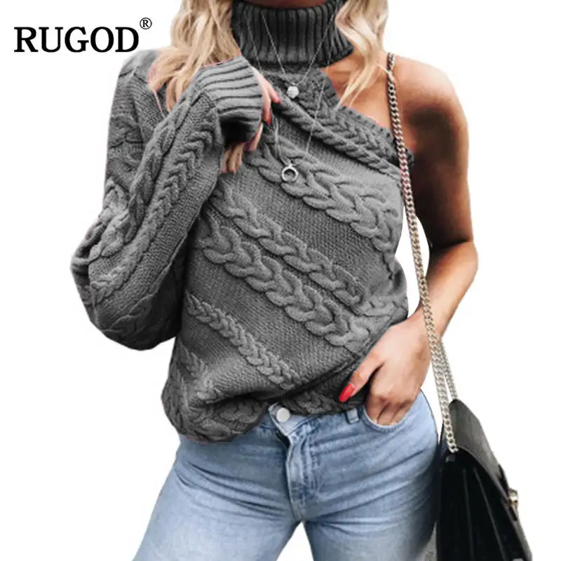 RUGOD Новые однотонные женские пуловеры с открытыми плечами, вязаный толстый свитер для женщин, разные рукава, повседневные женские топы, sueter mujer - Цвет: Серый