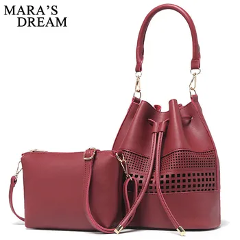 

Mara's Dream Women Bags Bucket PU Leather Shoulder Sling Bags Girls Solid Hollow Out Drawstring Handbag New Ladies Crossbody Bag