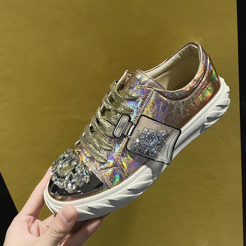 

New Fashion Sneakers Women Flats Gold Silver Shoes Rhinestone Bling Casual Shoes Korean Luxury Creepers Superstar Crystal Shoes