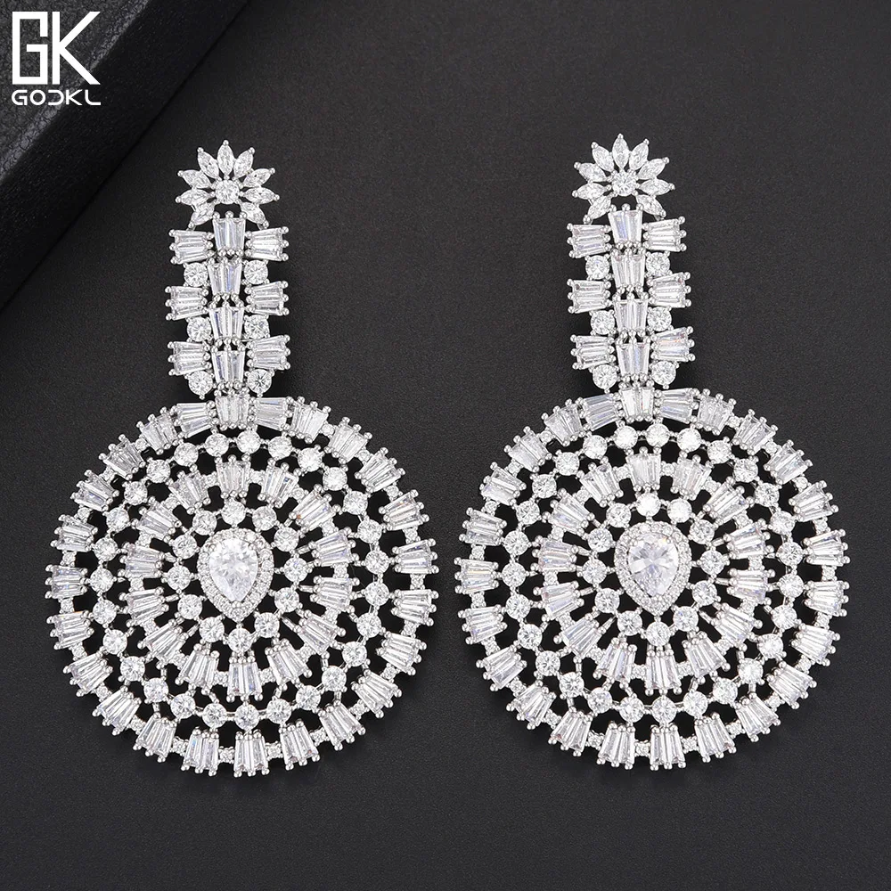 

GODKI Luxury BIG Sunflower Nigerian Long Dangle Earrings For Women Wedding Cubic Zircon African Indian Dubai Gold Bridal Earring