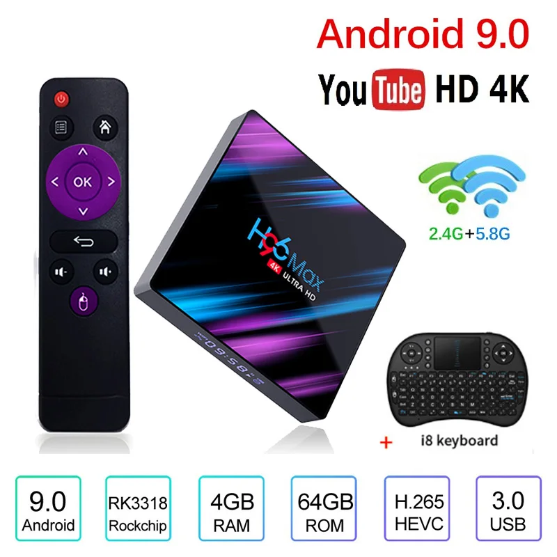

Set Top TV Box 4G DDR3 USB 3.0 Bluetooth 4.0 Android 9.0 9 OS 4K 4096x2160 H96 Smart Penta-Core Mali-450 RK3318 GPU 2.4G/5G