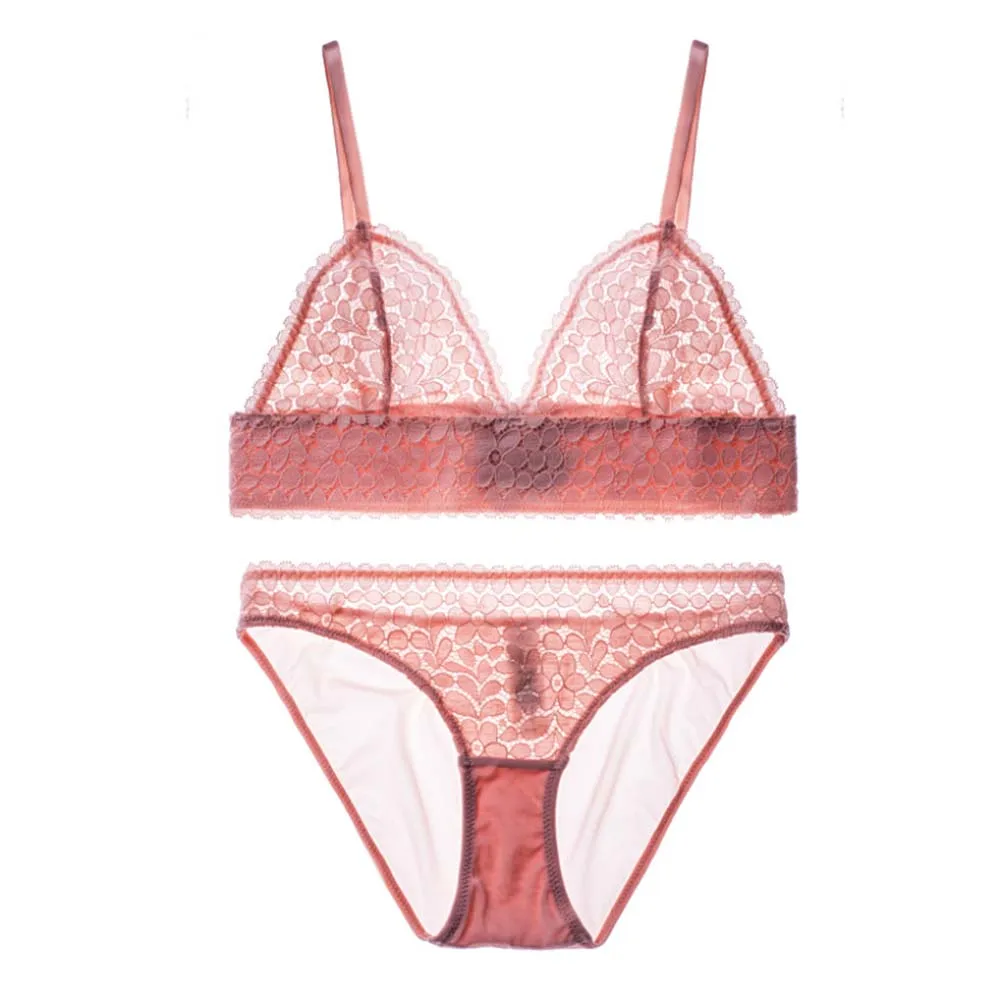 

French Ultra-thin Glass Triangle Cup Bra Set Sexy Lace Cordless Underwear