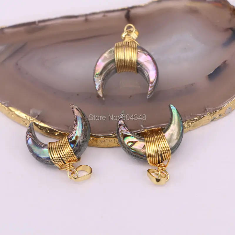 

5pcs Tiny Size Rainbow Abalone Shell Pendants Charms, Moon Crescent Horn Shell Pendant For Necklace Making Women Gift
