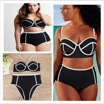 

New Style Swimsuit European And American Ms Fat L plus Fertilizer Hard Solid Color High Waist Bikini Swimsui 4XL 3XL