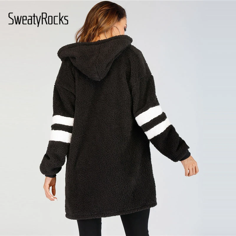 SweatyRocks, черное университетское пальто с капюшоном, зимнее, толстое, теплое, пушистое, плюшевое пальто,, повседневные женские куртки и топы
