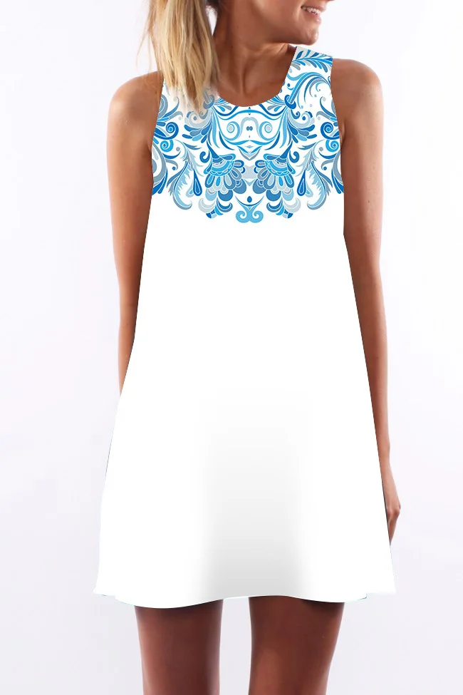 2018 Summer Dress Women Floral Print Polyester Dress Sleeveless Boho Style Short Beach Dress Sundress Casual Shift Dresses (2)