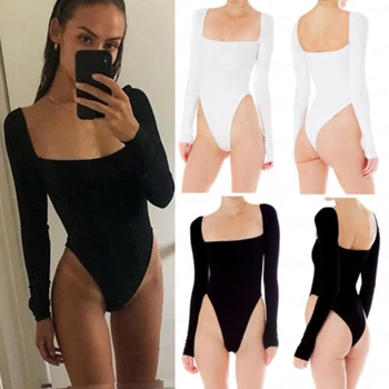 

Sexy Women's Bodysuit Ladies Jumpsuit Skinny Bodysuit Female Solid Long Sleeve Plain Stretch Jumpsuit Playsuit Size S-L