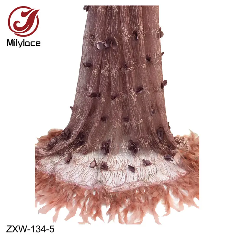 Высокое качество 3d Цветочная кружевная вышивка и перьевые кисточки кружевная ткань Горячая французская кружевная ткань для вечерние платья ZXW-134 - Цвет: ZXW-134-5