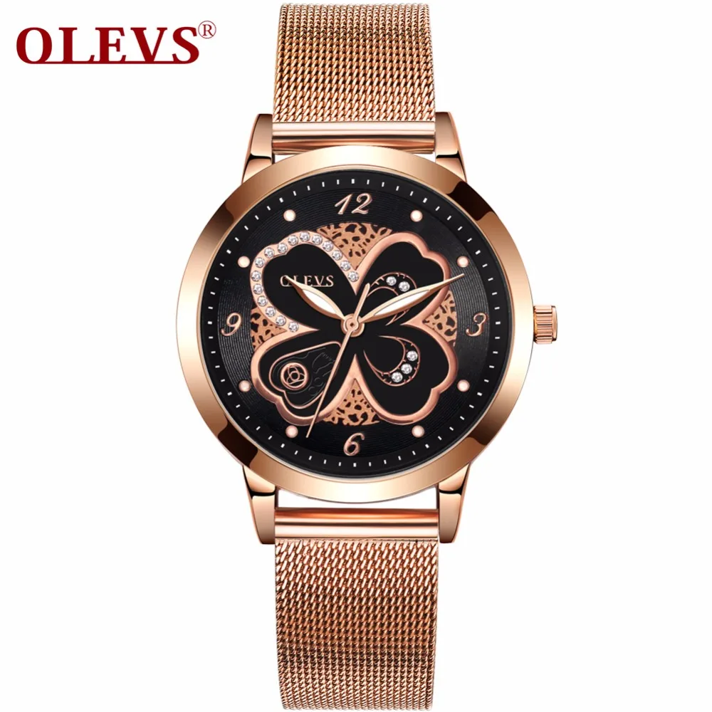 OLEVS White Black Dial Ladies Quartz Watches Gold Case Clover Women 