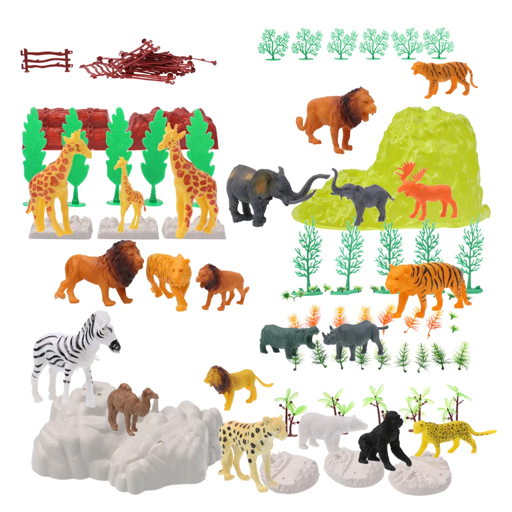 MagiDeal 100 Pieces Plastic Wild Animals Figurine Zoo Animals Fence Tree Model Toys for School Classroom Children Birthday Gift