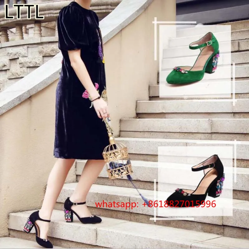 

2017 New Arrival Sheepskin Womens Shoes Fashion Green Colorful Rhinestones Chaussure Femme Talon Mary Jane Shoes Wedding Shoes