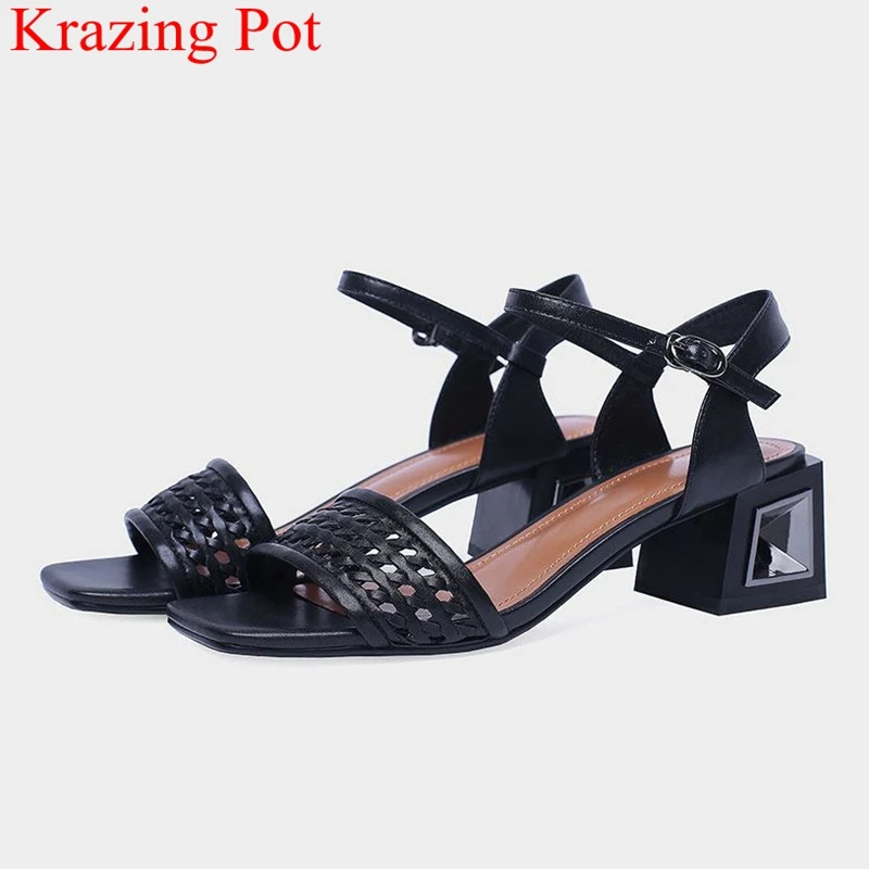 

2019 peep toe cow leather strange style high heels women sandals elegant office lady brand buckle party solid summer shoes L