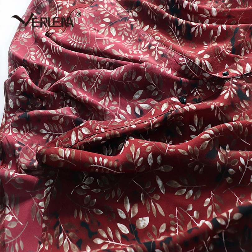 Verlena/красное шелковое летнее женское платье с рукавом три четверти и принтом листьев, новинка, винтажное платье средней длины с v-образным вырезом, пуговицами и открытым поясом