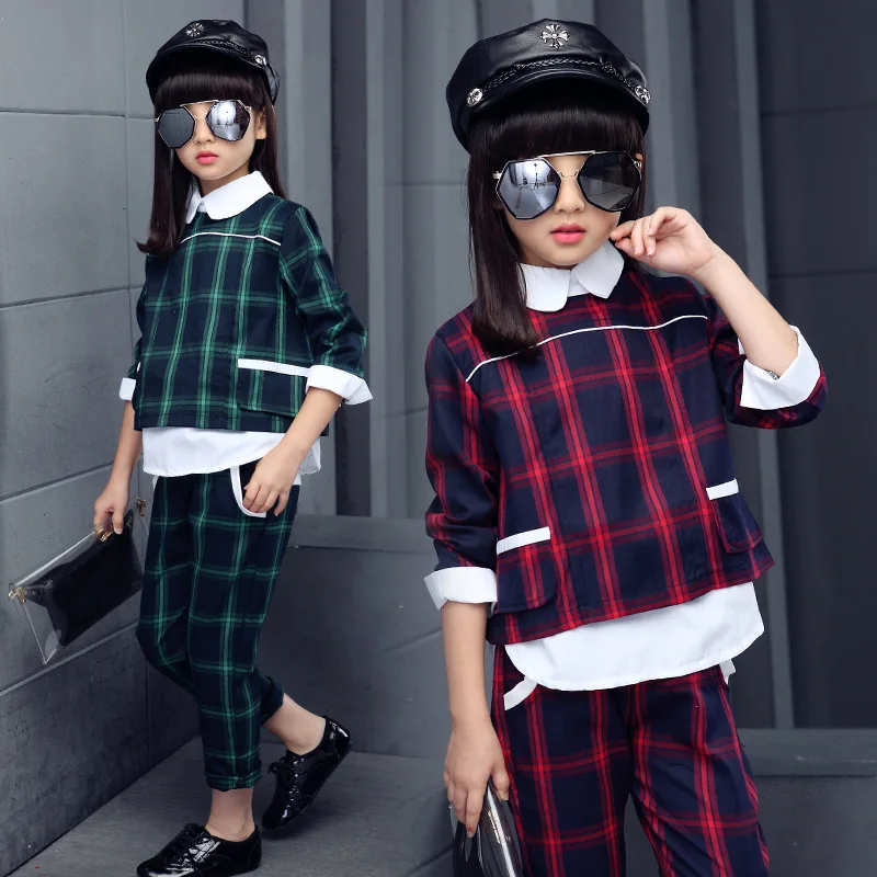 

Girls' Suit 2018 New Spring and Autumn Fashion Princess Big Kid Lattice Long Sleeve Leisure Two Piece Suit 5-12 Years old