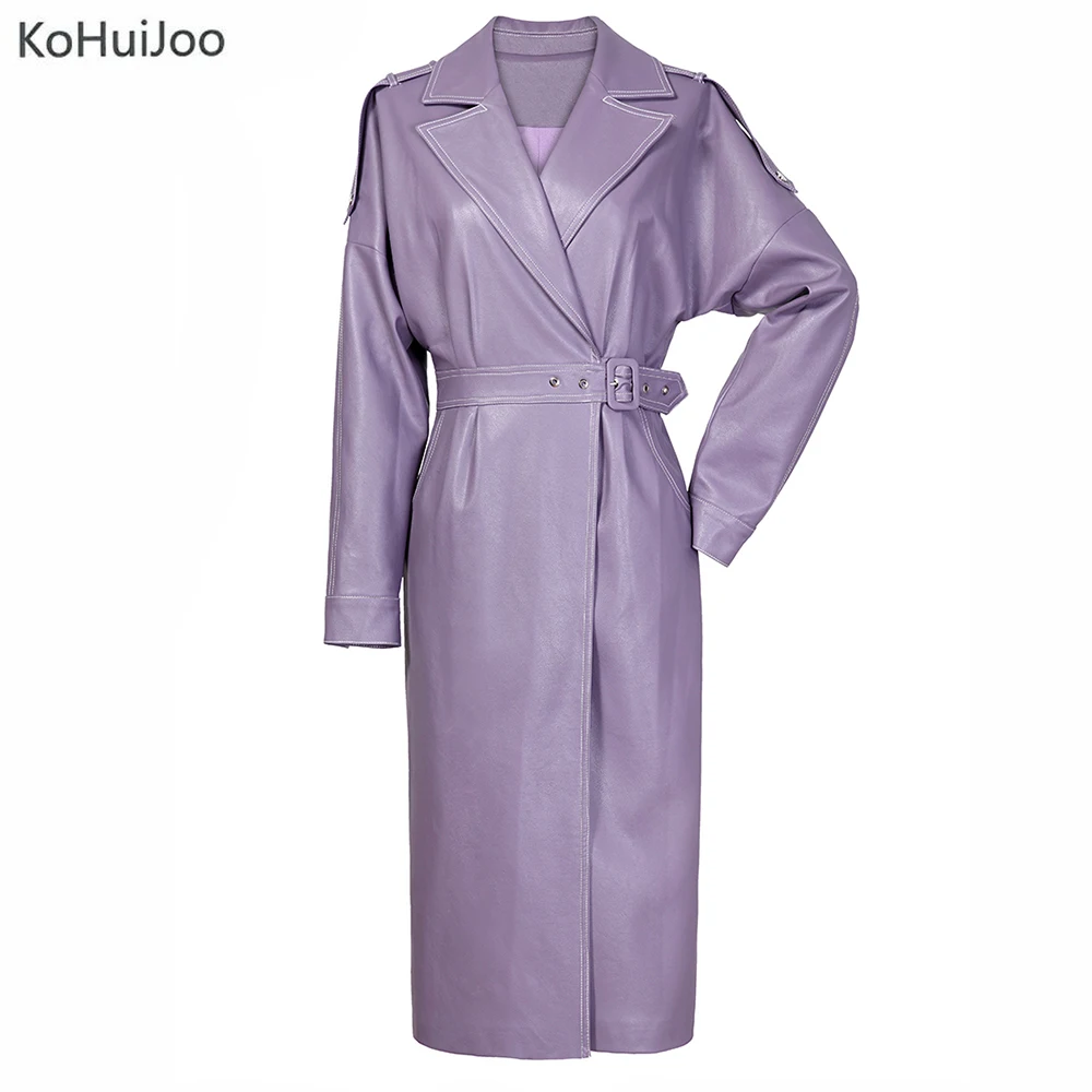 KoHuiJoo Autumn Winter Faux Leather Jackets Women Long New Fashion Turn Down Collar Batwing Sleeve Jacket Casual PU Coat Belt