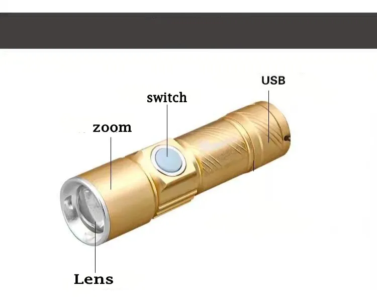 USB светодиодный фонарь масштабируемый Cree XPE USB Светодиодная лампа портативная фонарик золотой/черный