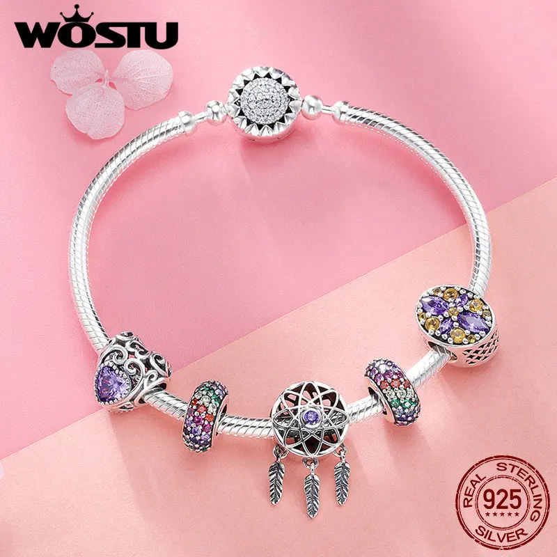 

WOSTU High Quality 925 Sterling Silver Dream Catcher Colorful CZ Charm Bracelet Bangle For Women Luxury S925 Jewelry Gift BKB809