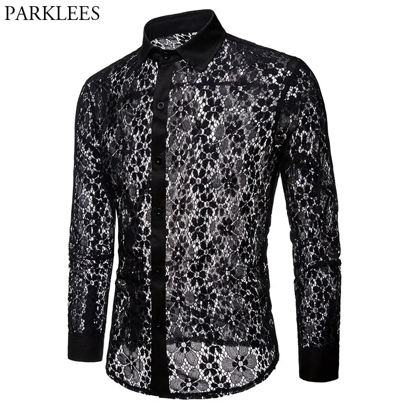 Acheter De luxe Floral Broderie Dentelle Chemise Hommes 2018 Marque Nouveau Transparent Sexy Robe Chemises Hommes Voir Creux Club Party Noir Chemise mâle