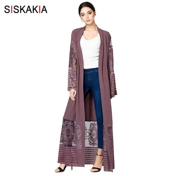 

Siskakia lace mesh patchwork embroidery Cardigan abaya women outerwear lace up Cardigans gowns UAE dubai Muslim tunics 2018 New