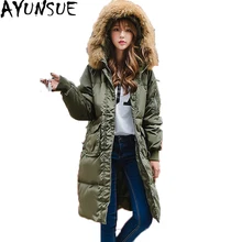 AYUNSUE большой мех с капюшоном армейская парка с широкой талией верхняя одежда зимняя куртка для женщин Свободные теплые длинные белые пуховики ST444