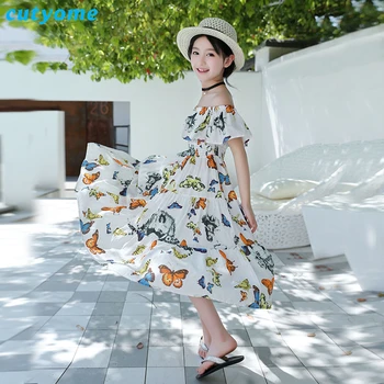 

2018 Summer Children Long Party Dresses Cutyome Kids Butterfly Ruffles Shoulderless Beach Boho Dress For Girls 11 12 13 14 Years
