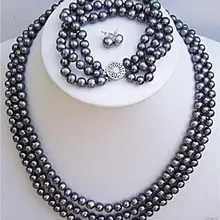 3 ряда натуральное культивированное черное Жемчужное ожерелье браслет серьги набор