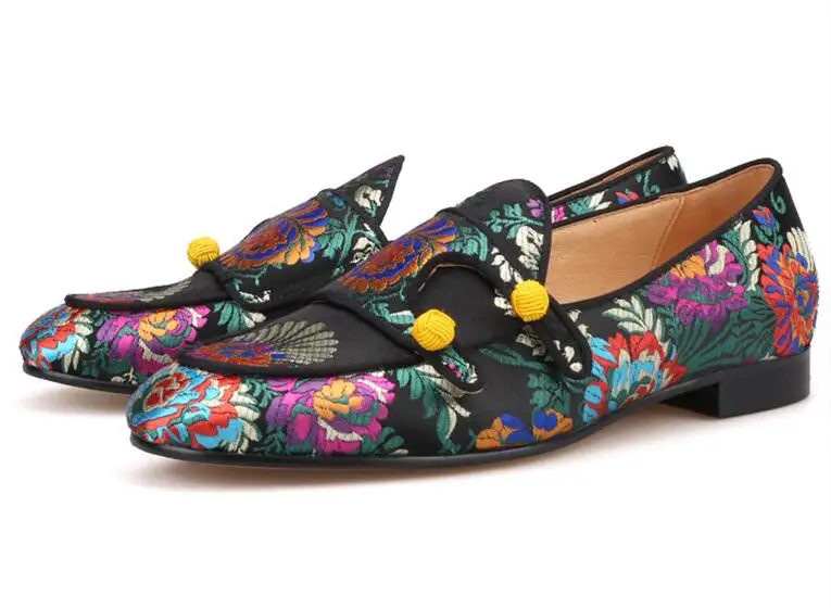 Shooegle/Роскошные Разноцветные Шелковые Свадебные туфли с цветочной вышивкой; мужские повседневные туфли без застежки на плоской подошве с двойным ремешком; мужские лоферы - Цвет: as pic