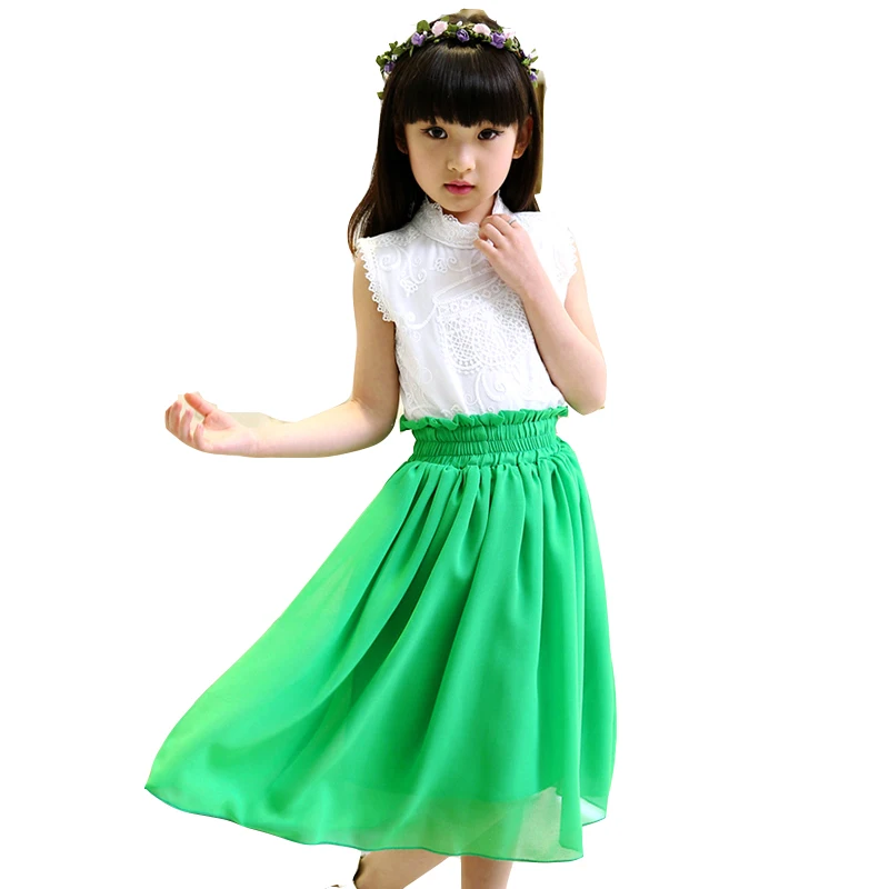 Girls Clothing Sets White Lace Blouses For Girls Long Chiffon Skirts 2Pcs Set 2017 Summer Kids