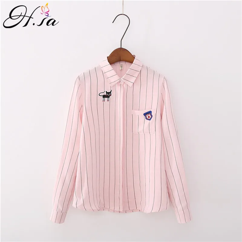 

H.SA 2019 Spring Long Sleeve Blouses for Women Harajuku Chic Striped Shirts CAT Embroidery Tunic Tops and Blouses roupas fMujer
