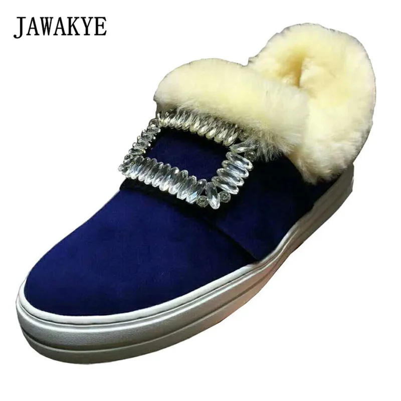 

2018 Fur Snow Boots Woman Round Toe Rhinestone Diamond Square Buckle Flat Shoes Woman Fashion Casual Shoes Zapatos Mujer