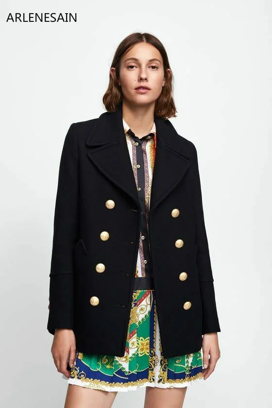 

Arlenesain custom 2019 new fashion WOMAN JACKE WOLLE MIT KNÖPFEN DOUBLE BREAST WOOL JACKET BLACK MILITARY